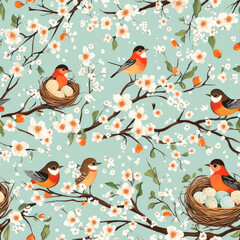 Fototapeta premium A robin and nest pattern with little birds sitting on their eggs, surrounded by blossoms