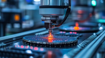 A robotic wafer handler operates within a semiconductor manufacturing facility, meticulously placing wafers for further processing.