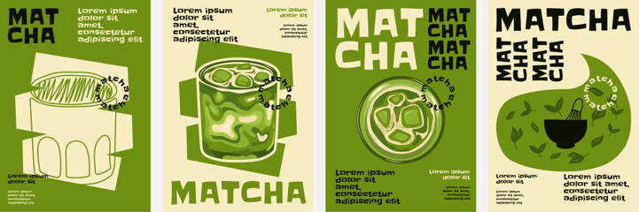Matcha poster with green color scheme, modern typography, hand drawn illustrations, and artistic design elements for a fresh visual appeal.