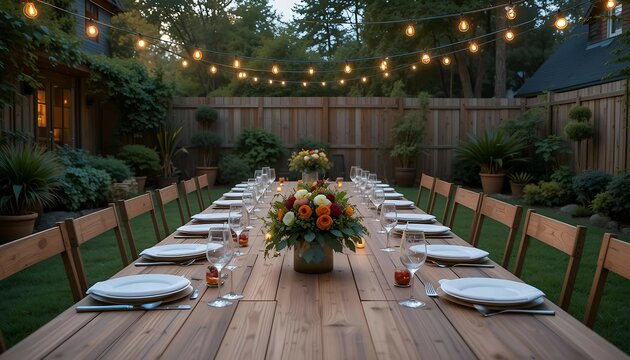 Beautiful outdoor banquet table setup with floral centerpiece and string lights, arranged for an elegant garden wedding or formal event in a natural setting.