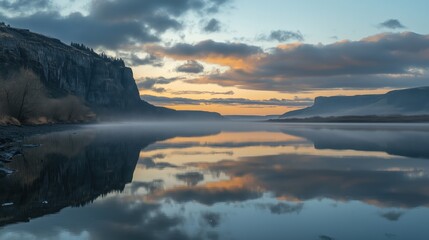 Obraz premium Oregon River Photography: Smooth, reflective and tranquil waters mirror the lush, serene beauty of a quiet forest retreat.