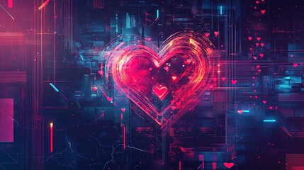 Fototapeta premium A digital Valentine greeting card with glowing neon hearts and a modern design.