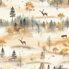 A peaceful foggy autumn morning pattern with misty forests, deer, and golden sunrise