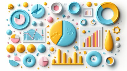 Fototapeta premium Colorful infographic elements including pie charts, bar graphs, and 3D shapes in pastel tones displayed on white background representing creative data presentation and analytical reporting.