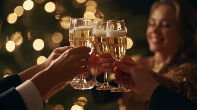 a group of people celebrating, close-up clinking glasses. hands raising champagne glasses in celebratory toast with golden bubbles and festive bokeh. sophisticated and joyful ambiance Generative Ai
