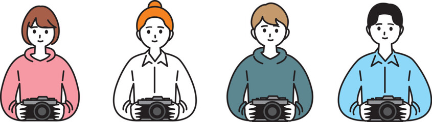 写真を撮るためにカメラを持っている男女のイラストセット