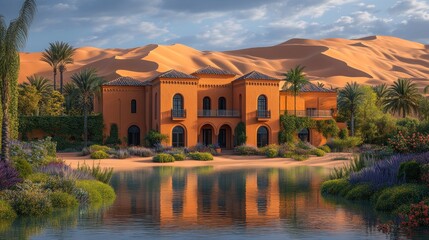 Obraz premium Luxurious orange villa by tranquil oasis reflecting in calm water, majestic sand dunes backdrop.