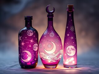 Create a magical scene featuring three ornate, purple glass bottles with celestial designs. Each bottle is unique, with intricate patterns of stars, moons, and swirling cosmic details...