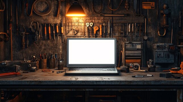Laptop mockup with a white screen on a metal workbench, surrounded by industrial tools and machinery, perfect for tech, workspace, and engineering designs.