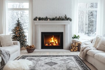 Fototapeta premium Cozy winter living room with fireplace, adorned tree, and snow-covered outdoor view