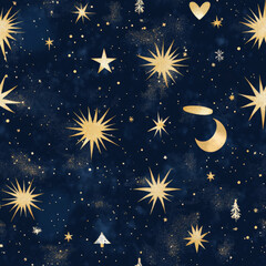 Naklejka premium A magical starry night Christmas pattern with golden celestial elements and soft snowfall