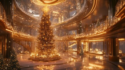 Obraz premium A glimmering golden christmas tree in a luxurious grand lobby