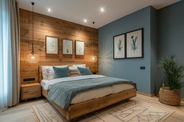Cozy modern bedroom with wooden accents and stylish decor for a relaxing atmosphere