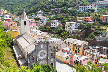 View from above of the square with the church San Giovanny Battista in Riomagiore, Cinque Terre, Italy. 