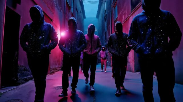Anonymous Group in Galaxy Print Hoodies Walking Through Dark City Alley at Night: Urban Fashion and Streetwear
