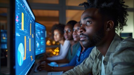 Male data analyst working on complex charts and graphs on multiple monitors in dimly lit office at night. Diverse team in background reviewing digital information with serious expressions...