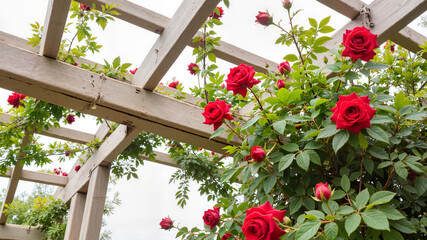 Red roses climbing on wooden pergola for garden design, romantic themes, summer blogs