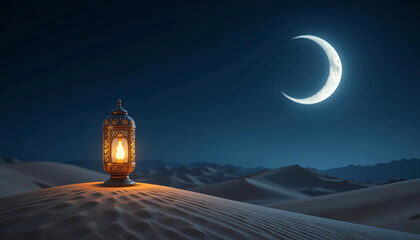 Arabic lantern on desert sand with glowing moon on the night sky for Eid al Fitr and Ramadan Mubarak banner design concept.
