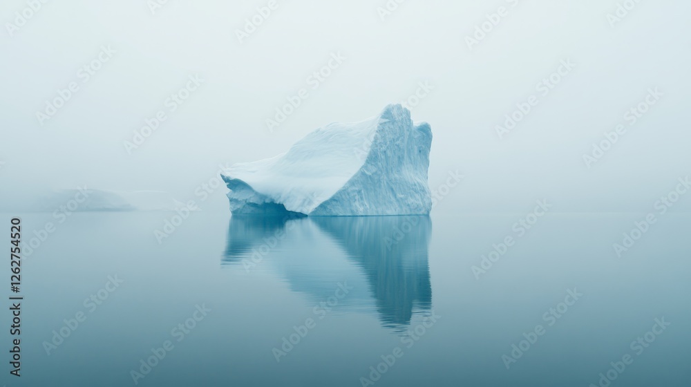 Aufkleber Large iceberg floating on calm water with another smaller iceberg in the background and heavy fog creating a serene and minimalist landscape