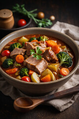 Hearty vegetable stew with tender pieces of meat, served in a rustic bowl. Comfort food