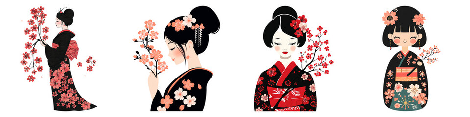 ancient Japan girl and Clipart concept. Four stylized women in traditional attire surrounded by floral patterns. on Transparent background.