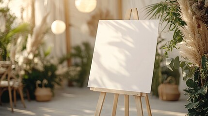 A blank white welcome sign on an easel at a modern boho wedding, ideal for a mockup template with soft, natural decor and a relaxed, chic atmosphere.
