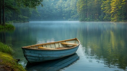 Misty morning lake scene with a rowboat