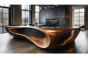 Modern kitchen design featuring a sculptural island with unique curves and warm lighting in a spacious urban setting