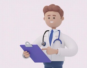 Fototapeta premium 3D friendly cartoon doctor points to something important on his clipboard