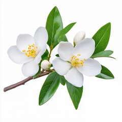 Fototapeta premium Closeup White Flowers and Leaves on Branch Isolated
