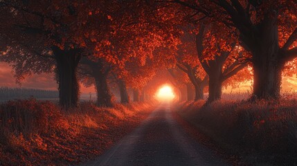 Autumnal Sunrise Path Through Red Trees