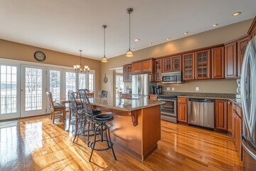 Fototapeta premium Modern kitchen interior with wood cabinets and large windows offering natural light during the afternoon