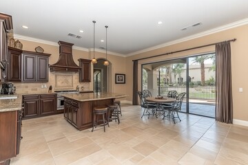 Fototapeta premium Spacious modern kitchen with elegant finishes and outdoor access in a warm-toned home setting