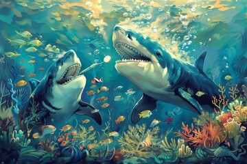 Fototapeta premium Bright vibrant underwater illustration showing sharks cleaning teeth with coral and dental tools surrounded by colorful fish lively coral reefs, promoting oral care in a playful aquatic theme.