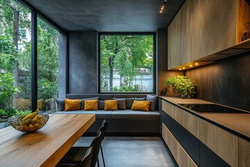 Fototapeta premium Modern kitchen and cozy seating area with large windows overlooking greenery in a contemporary home