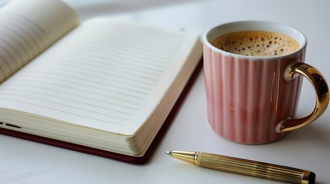 Close-up of a pink mug with coffee, a gold pen, and an open notebook on a white desk. Soft, warm tones create a cozy and stylish workspace for writing or journaling.