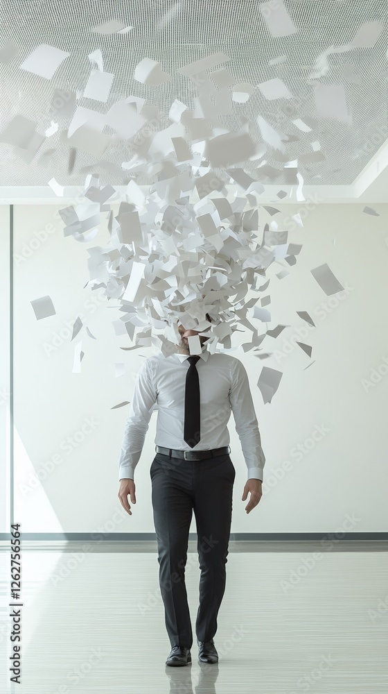 Poster businessman walking through a modern office, head exploding with flying papers, illustrating the cha