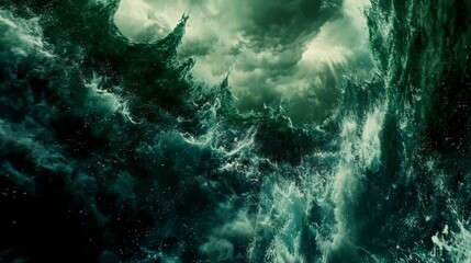 Fototapeta premium Close-up view of powerful emerald ocean waves crashing with intense energy, capturing the natural force and beauty of the sea with frothy water and turbulent movement.