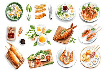 Watercolor collection of thai food isolated on white background