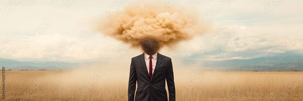 Aufkleber Surreal image depicting a businessman in a suit standing in a dry field, his head exploding into a cloud of dust, symbolizing information overload, stress, and mental burnout