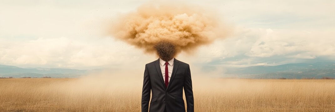 Surreal image depicting a businessman in a suit standing in a dry field, his head exploding into a cloud of dust, symbolizing information overload, stress, and mental burnout
