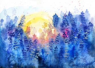  Watercolor picture of vivid blue purple lavender flowers in wet technique (This illustration was drawn by hand without the use of generative AI!)
