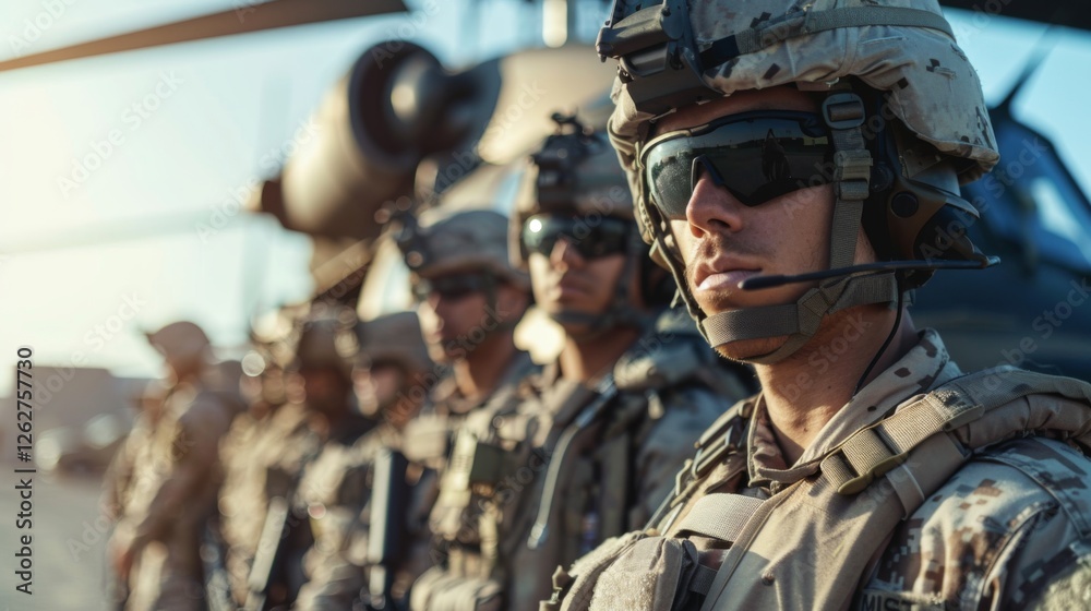 Aufkleber soldiers in tactical uniforms stand in a straight line with serious expressions as helicopters hover