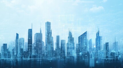 Futuristic cityscape with digital blueprints overlay