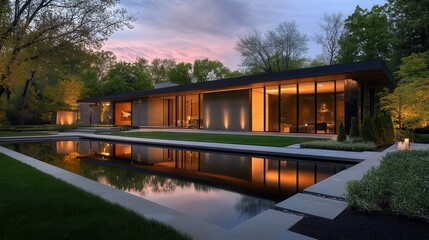 Fototapeta premium Modern home with sleek architecture reflecting in serene pool at sunset in a lush green landscape. Generative AI