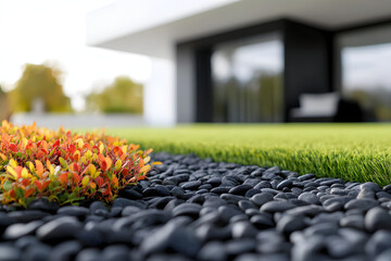 Fototapeta premium A modern home front garden with green grass, black gravel, and colorful shrubs