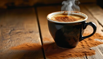Close up Steaming cup of coffee with cinnamon on rustic wooden table with copy space