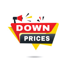 Down prices label modern announcement banner isolated vector megaphone icon. Speech Design element.