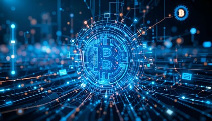 Futuristic Bitcoin Digital Blockchain Network Representing Cryptocurrency Transactions and Cyber Finance in a High-Tech Economy