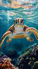 Obraz premium A majestic sea turtle gracefully glides through the crystal-clear waters 